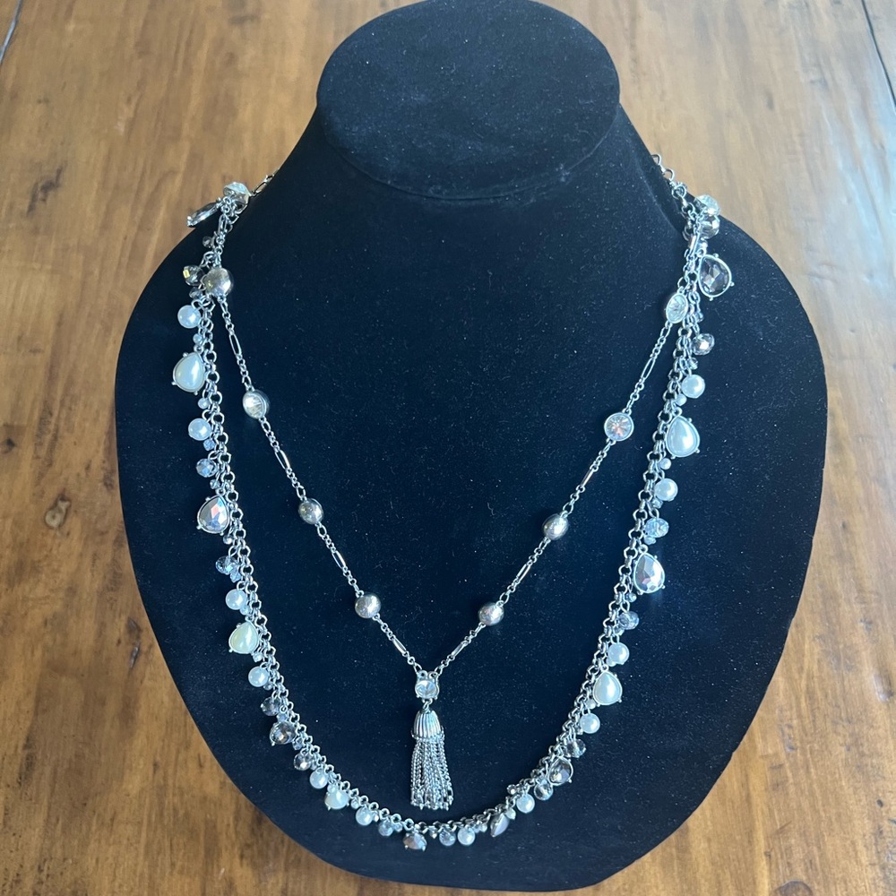 White House Black Market 2pc Length Adjustable Silver Tone Jeweled Necklace Set.